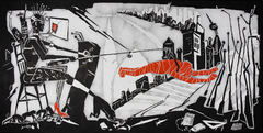 Torsten Russ, "Im Fieber der Gegenwart", Tusche, Bleistift auf Leinwand, 120 cm x 240 cm
