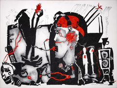 Torsten Russ, "Grauzone Wahrheit", Tusche, Bleistift auf Leinwand, 90 cm x 120 cm